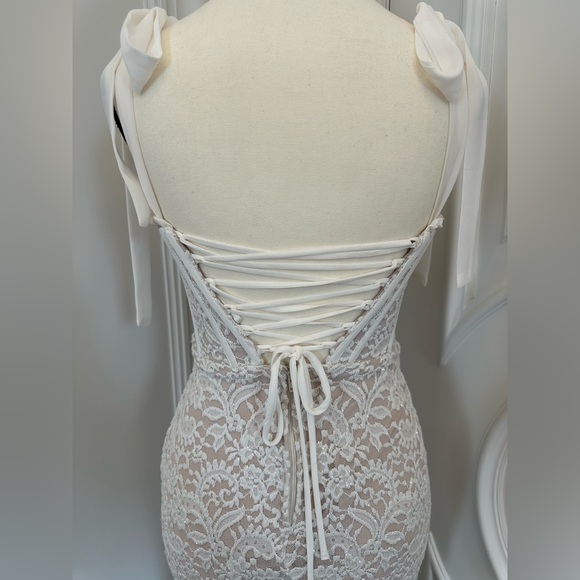 White Sparkly Lace Corset Wedding Dress with Sweetheart Neckline & Lace Up Back - Picture 10 of 14